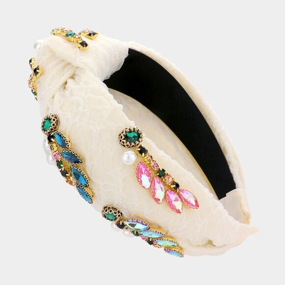 NWT White Lace Multi Stone and Pearls Knot headband - Picture 1 of 2